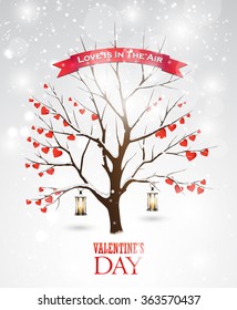 Valentine's day greeting card with tree, lanterns and hearts.