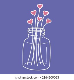 Valentines day greeting card in trendy colors pink and violet with hearts in a vase isolated on purple