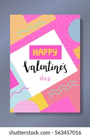Valentine's day greeting card in trendy 80s-90s style with geometric patterns and shapes. Vector illustration with lettering and colorful background