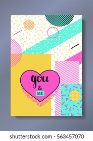 Valentine's day greeting card in trendy 80s-90s style with geometric patterns and shapes. Vector illustration with lettering and colorful background