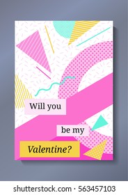 Valentine's day greeting card in trendy 80s-90s style with geometric patterns and shapes. Vector illustration with lettering and colorful background