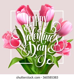  Valentines day greeting card with tulips flowers. Vector illustration EPS10