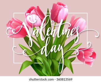  Valentines day greeting card with tulips flowers. Vector illustration EPS10