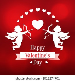 Valentine's day greeting card with two cut of paper cupids and hearts on a red background