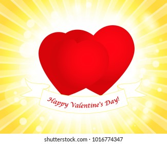 Valentines day greeting card, two red hearts on sun rays background, greeting inscription - Happy Valentine's Day