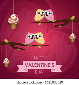 Valentines day greeting card with a two cute chickens couples and cupcakes - Vector