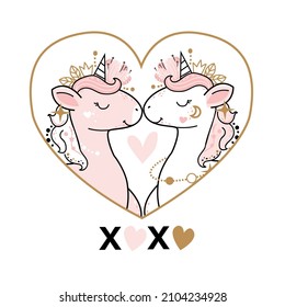 Valentine's day greeting card with two heart shaped unicorns in boho style. Vector cartoon illustration. Nursery, greeting card, poster, baby shower