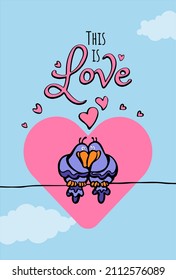 Valentine-s day greeting card with two birds in love on the sky with clouds and hearts with text it's love-2