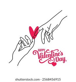 Valentines Day greeting card two hands and a heart drawn in one line Isolated Vector 