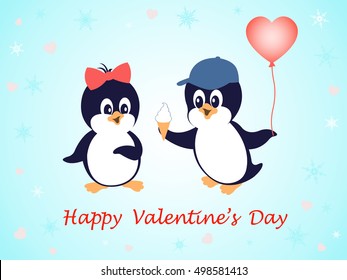 Valentine's Day greeting card with two cute cartoon penguins, ice cream and  a heart shaped balloon on blue  background in flat design style.