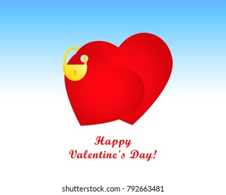 Valentines day greeting card, two red hearts with padlock and greeting inscription, Happy Valentine's Day