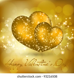 Valentine's day greeting card with two golden hearts. Vector eps10 illustration