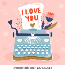 Valentine's day greeting card. Typewriter with sheet of paper and flowers. Vector illustration.