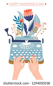 Valentine's day greeting card. Typewriter with flowers. Hands writing on a typewriter. Vector illustration on white background.