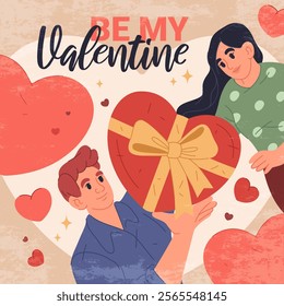 Valentines Day greeting card or valentine. Vector illustration or banner. Festive image for romantic holiday. Gift or present for your beloved. Confession of love. Be my valentine text. Relationship.