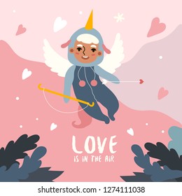 A Valentine's day greeting card. Vector illustration of a small cute cupid in a unicorn pajamas.