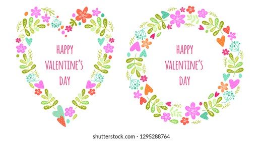 Valentine's Day greeting card. Vector watercolor abstract botanical ethnic painting. Floral wreath with hearts