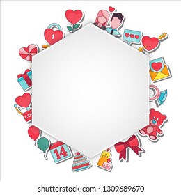 Valentines Day Greeting Card with vector flat outline icons on the theme of love, relationships, romantic feelings. Design for gifts, banners, social networks and sites