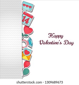 Valentines Day Greeting Card with vector flat outline icons on the theme of love, relationships, romantic feelings. Design for gifts, banners, social networks and sites