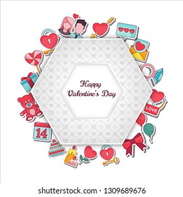 Valentines Day Greeting Card with vector flat outline icons on the theme of love, relationships, romantic feelings. Design for gifts, banners, social networks and sites