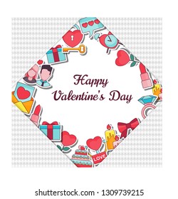 Valentines Day Greeting Card with vector flat outline icons on the theme of love, relationships, romantic feelings. Design for gifts, banners, social networks and sites