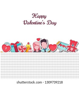 Valentines Day Greeting Card with vector flat outline icons on the theme of love, relationships, romantic feelings. Design for gifts, banners, social networks and sites