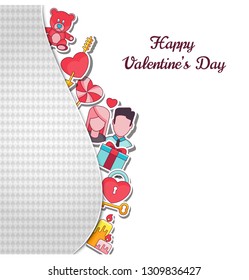 Valentines Day Greeting Card with vector flat outline icons on the theme of love, relationships, romantic feelings. Design for gifts, banners, social networks and sites