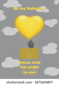 Valentine's day greeting card. Vector illustration. Lovers on a blimp among the clouds. Suitable for flyers, promotions, websites, invitations, postcards.