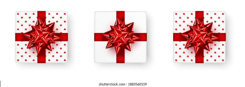 Tarjeta de saludo de San Valentín. Ilustración vectorial de corazones 3d rojos realistas, marcos en forma de corazón dorado y cajas de regalo con cinta de arco, lentejuelas y confeti. Plantilla de banner festivo