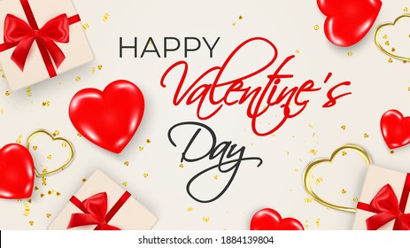 Valentines day greeting card. Vector illustration of realistic red 3d hearts, golden heart shaped frames and gift boxes with bow ribbon, sequins and confetti. Festive banner template