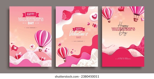 Valentine's day greeting card vector poster set. Happy valentine's day text holiday season invitation card lay out collection for february celebration. Vector illustration hearts day invitation card. 