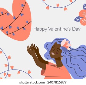 Valentine's Day greeting card. Vector illustration. Postcard with a girl and a heart in posse style.