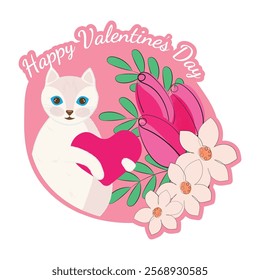 Valentine's Day Greeting Card. Vector illustration with white cat, flowers and inscription Happy Valentine's Day.