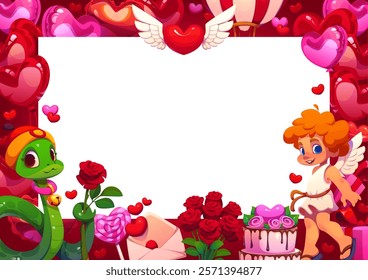 Valentines day greeting card. Vector frame with red and pink hearts, cute cartoon snake holding a rose, smiling cherub, lollipops and cake. Template for romantic messages, invitations or celebrations