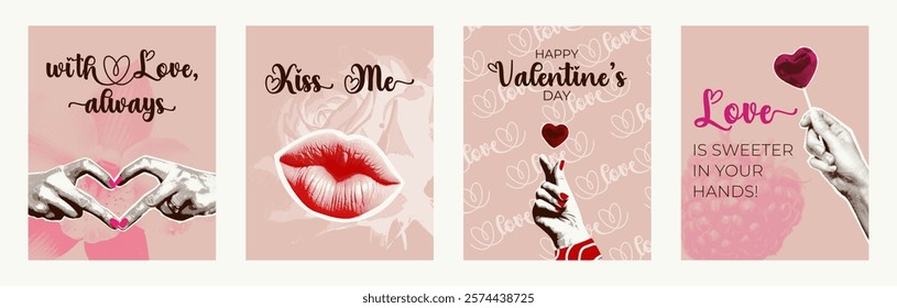 Valentines Day greeting card vector set. Romantic designs with halftone heart-lollipop, kisses, and love expressions. Soft pink and red colors. Ideal for gifts, digital cards, social media posts.