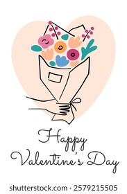 Valentines Day greeting card, vector illustration of minimalist floral bouquet with a heart background and elegant text. Valentine card for love, romance, and celebration themes, isolated clipart