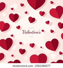 Valentine's day greeting card. Vector illustration on a pink background with red paper hearts in flat style.