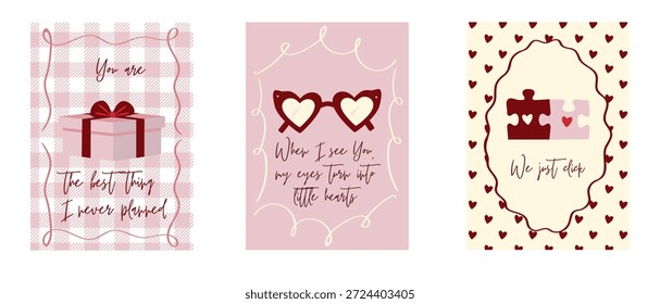 Vector de tarjeta de felicitación de San Valentín. Plantillas de Vertical: caja de regalo, gafas de sol del corazón, piezas del rompecabezas. Lindas ilustraciones de estilo coqueta con citas románticas para el 14 de febrero. Tarjetas de San Valentín