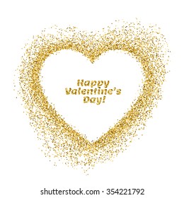Valentines day greeting card. Vector gold sparkles heart on white background. Abstract luxury glow golden background. Design for holiday gift card, banner, flyer.