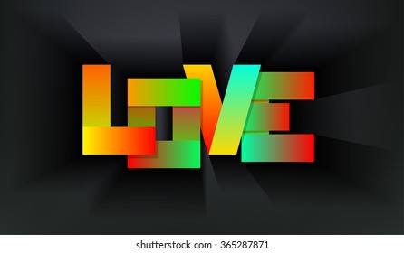 Valentines Day greeting card. Vector Illustration. 'Love' colorful letters folded of ribbon paper among soap bubbles on black background.