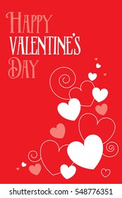 A Valentine's Day greeting card in vector format. A group of paper hearts are growing out of the bottom right corner with some abstract swirls.