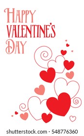 A Valentine's Day greeting card in vector format. A group of paper hearts are growing out of the bottom right corner with some abstract swirls.