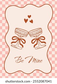 Tarjeta de felicitación del día de San Valentín en estilo coqueta vintage y elegante. Tintinean las gafas con arcos. Estilo de moda. Volante romántico con las palabras Be Mine. Ilustración vectorial.