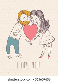 Valentines day greeting card in vintage hipster design. I love you retro note. Hand drawn style. 