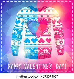 Valentine's day greeting card. Warm sweater with owls and hearts in polygonal style. Pink-Blue version. May be used for winter design, valentine's day greeting cards, posters and many other.