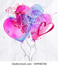 Valentine's Day greeting card with watercolor balloon hearts drawing with pink and blue on crumpled paper background