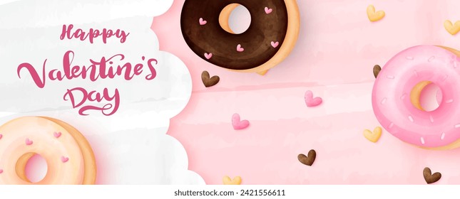 Valentine's day greeting card, web poster design with Sweet bakery donuts in watercolors and layers style with Valentine's day wording on pink background.