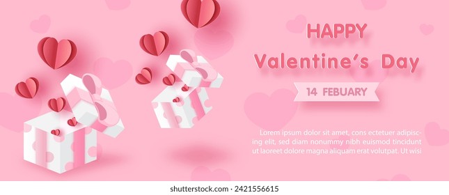 Valentine's day greeting card, web poster design with open gift box and flying red hearts with Valentine's day wording and example texts on pink background