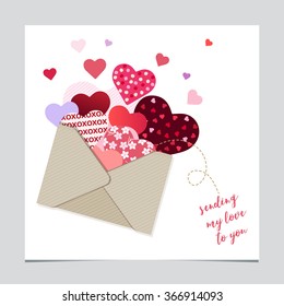 Valentine's day greeting card and weeding invitation design template with patterned hears & envelope. Vector illustration. Sample text. Layered, editable.