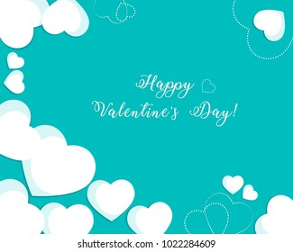 Valentines day greeting card, white hearts with greeting inscription on turquoise background, Happy Valentine's Day